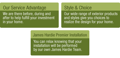 Our Service Advantage - James Hardie is there before, during, and after your siding installation to help fulfill you investment in your Denver area home. Siding Style & Choice - James Hardie's wide range of home siding products and styles give you choices to realize the design for your Denver area home. James Harie Premier Siding Installation - You can relax knowing that your home siding installation will be performed by our own James Hardie Team.